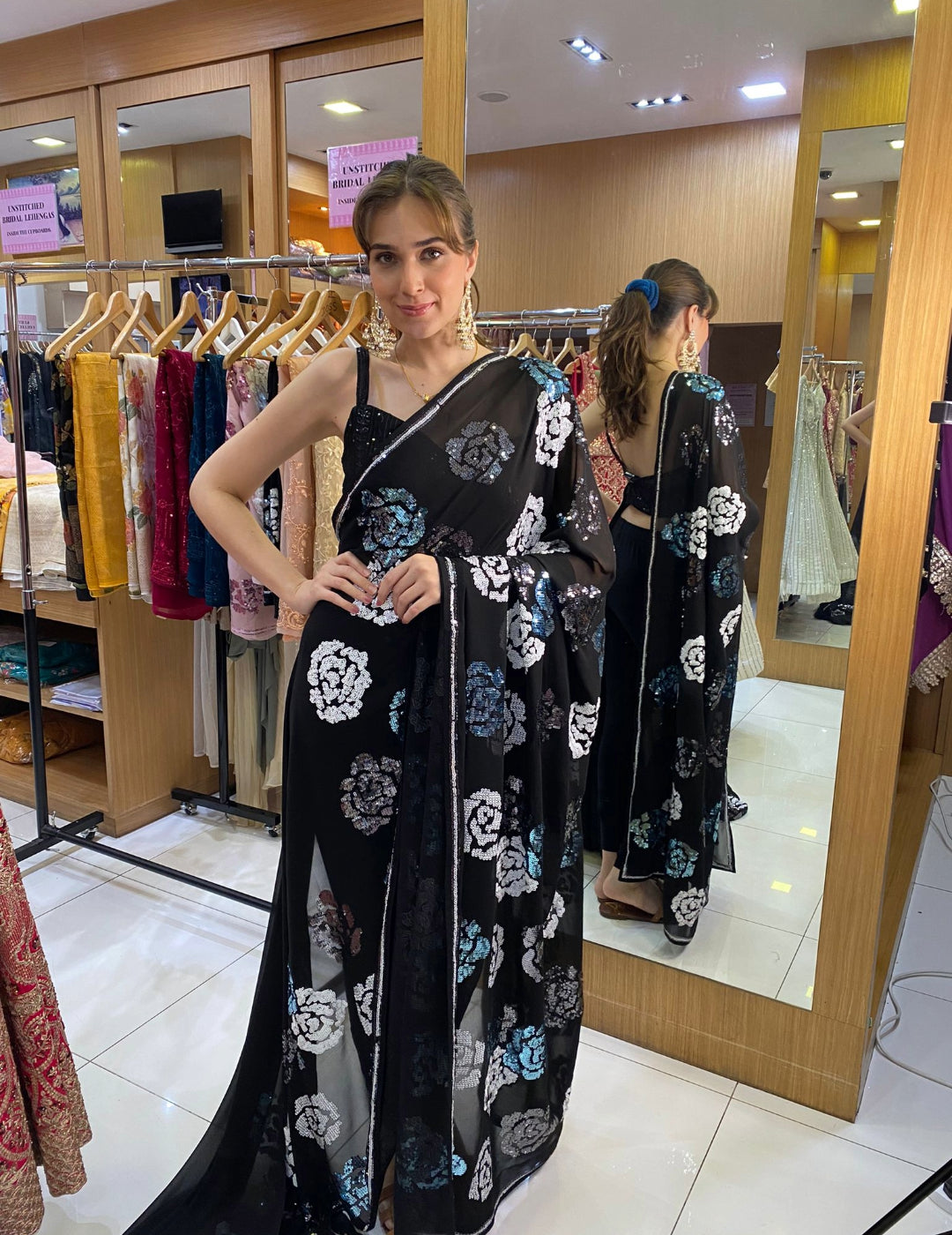 Black & White Sequins Saree