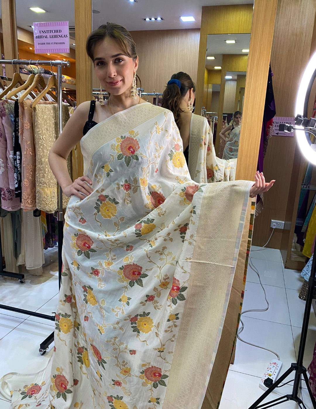 Off-White Floral Saree