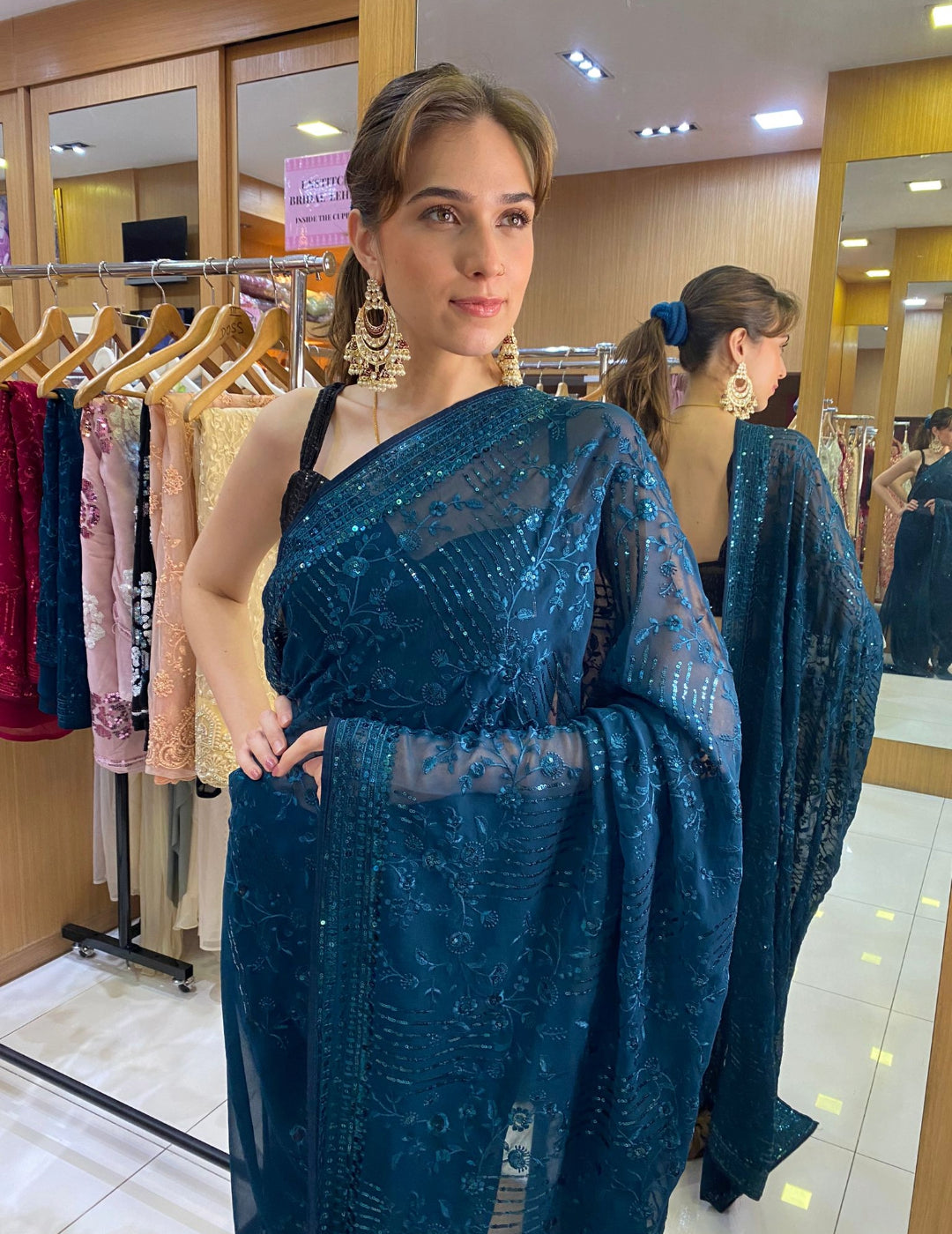 Dark Blue Threadwork Saree