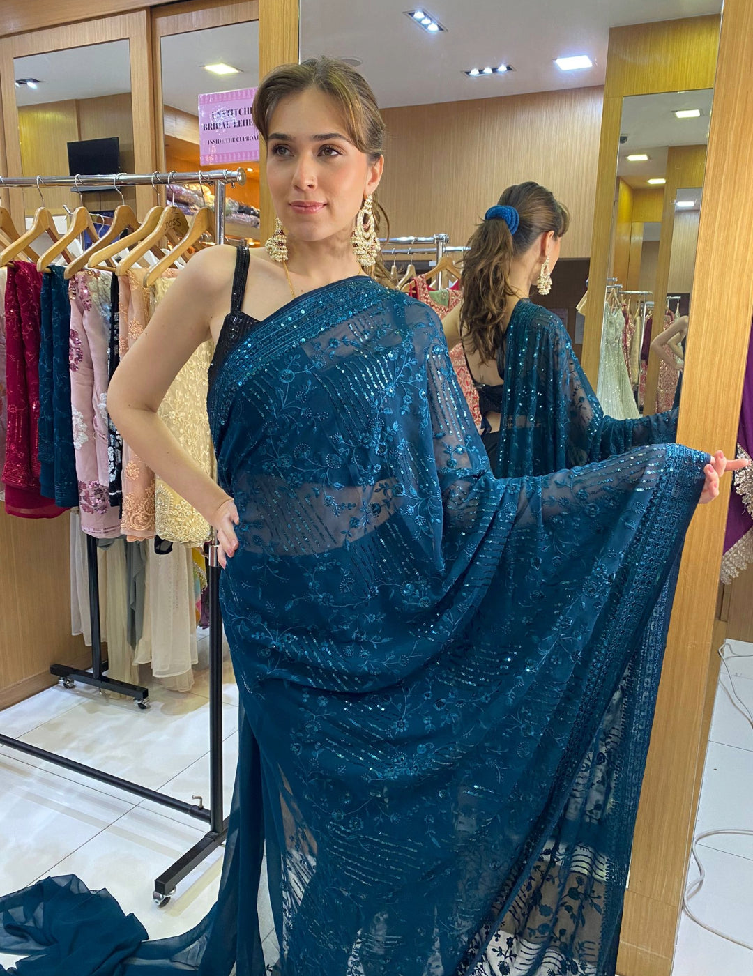 Dark Blue Threadwork Saree