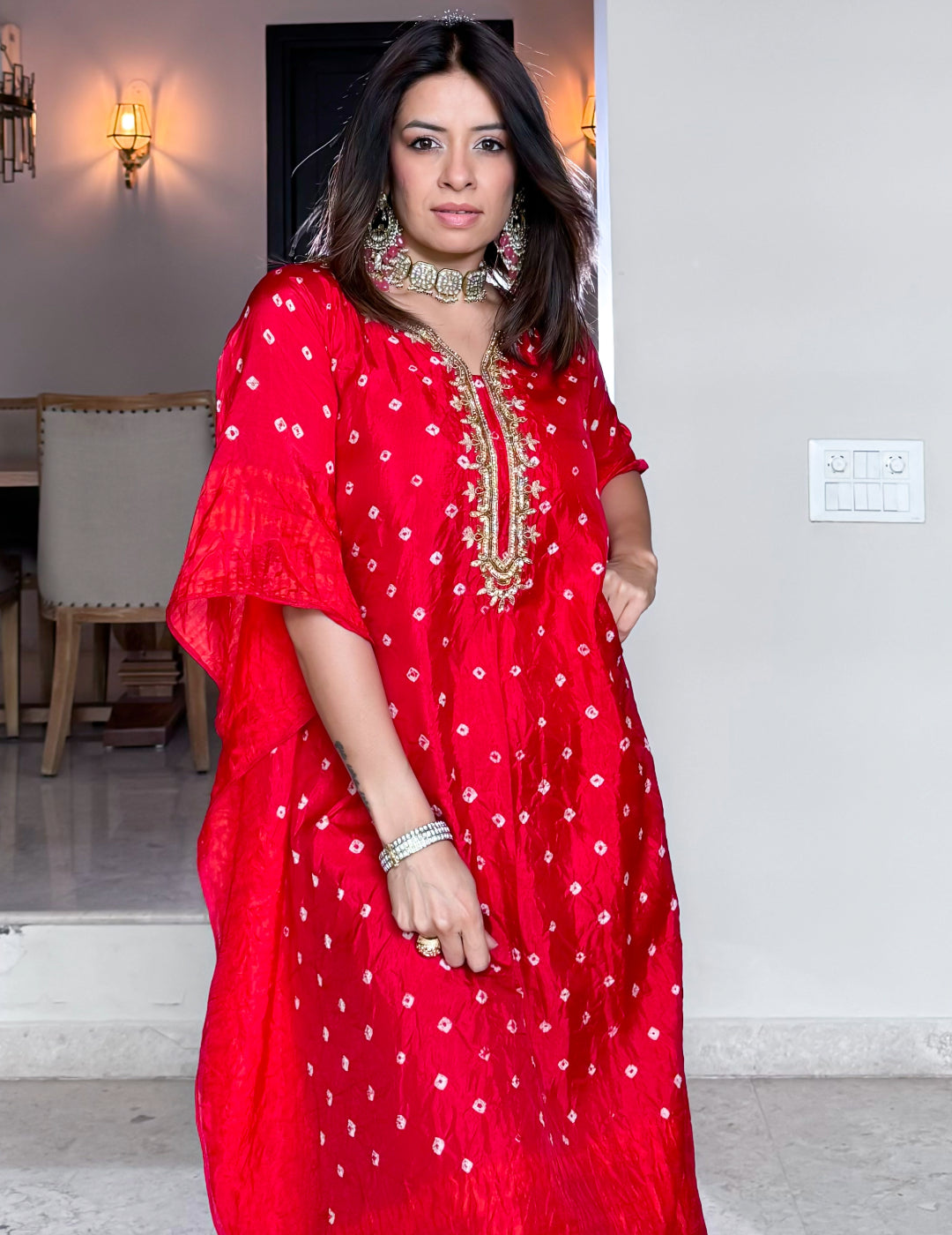 Red Art Silk Kaftan