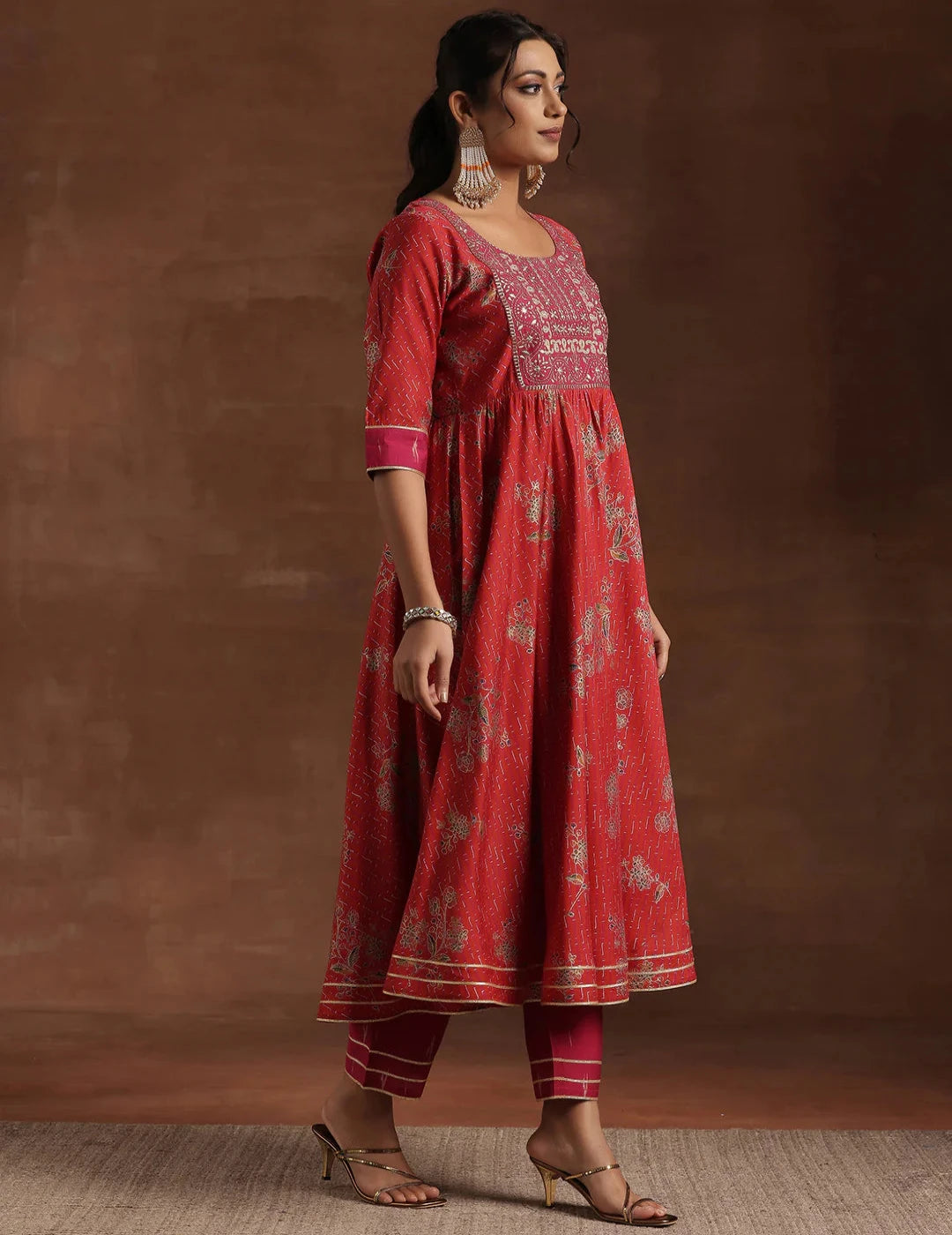 Red Printed Anarkali Set