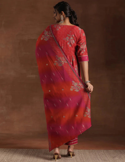 Red Printed Anarkali Set