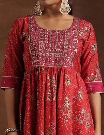 Red Printed Anarkali Set