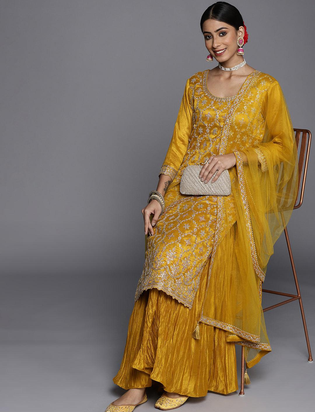 Mustard Embroidered Silk Suit