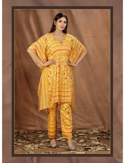Yellow Printed Chinnon Co-ords