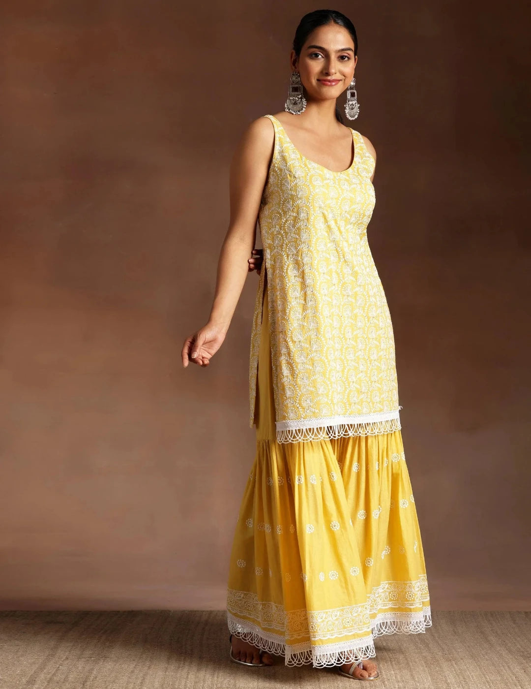 Mustard Embroidered Cotton Straight Suit With Dupatta