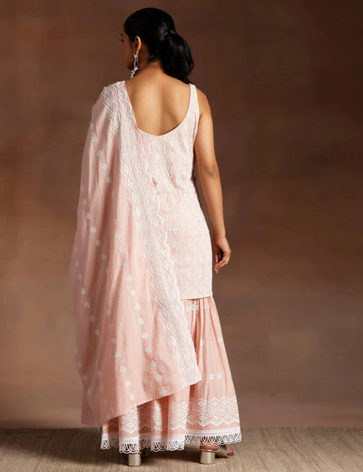 Peach Embroidered Cotton Straight Suit With Dupatta