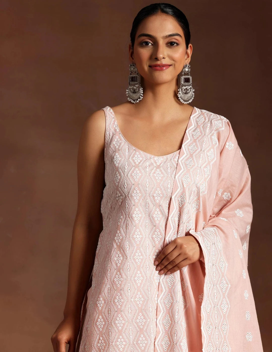 Peach Embroidered Cotton Straight Suit With Dupatta