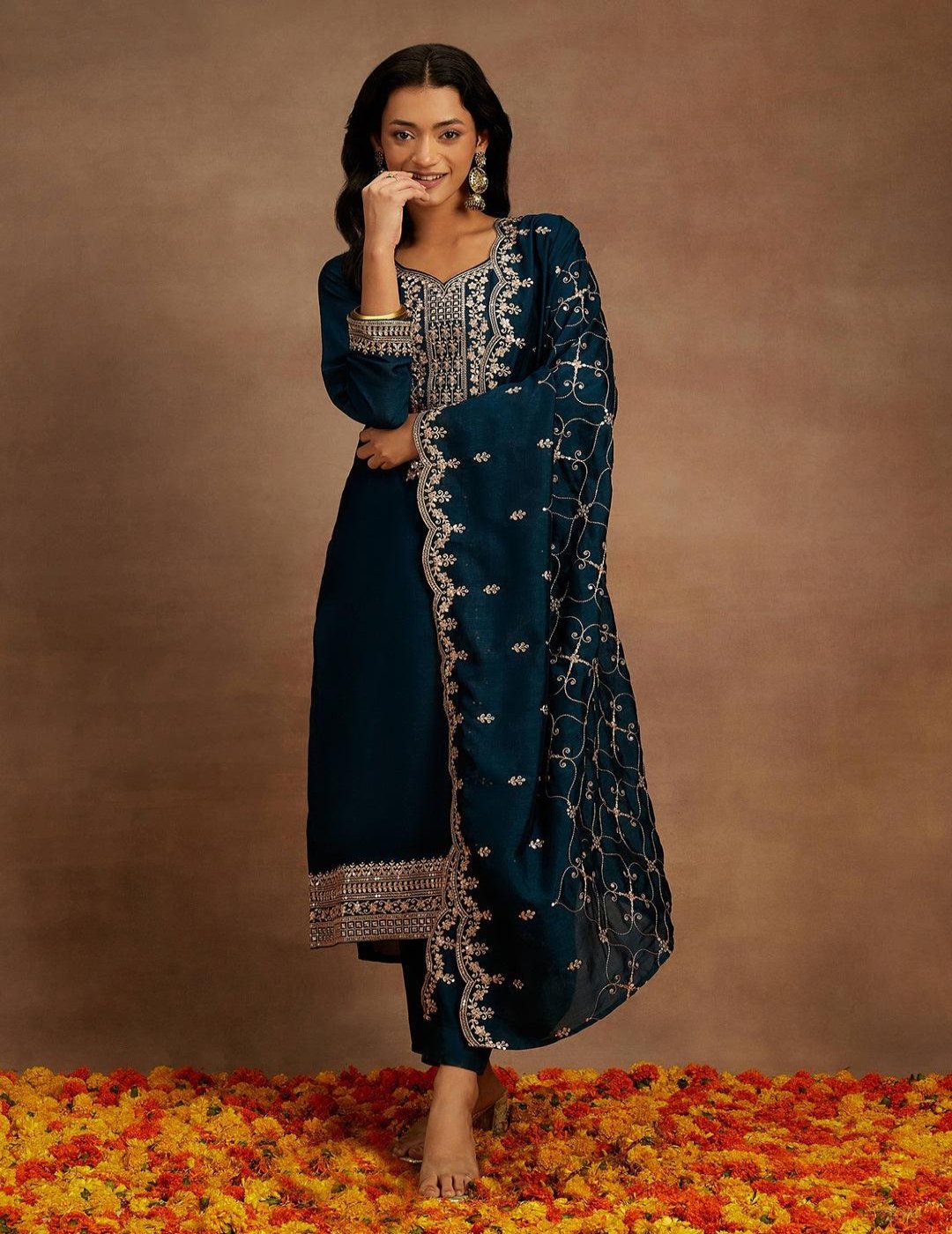 Teal Yoke Design Silk Blend Straight Suit With Dupatta