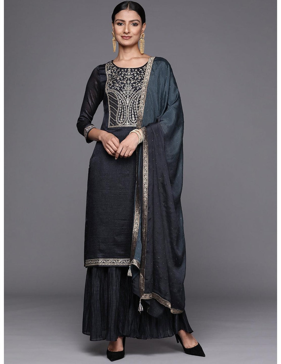 Charcoal Grey Silk Blend  Kurta Set