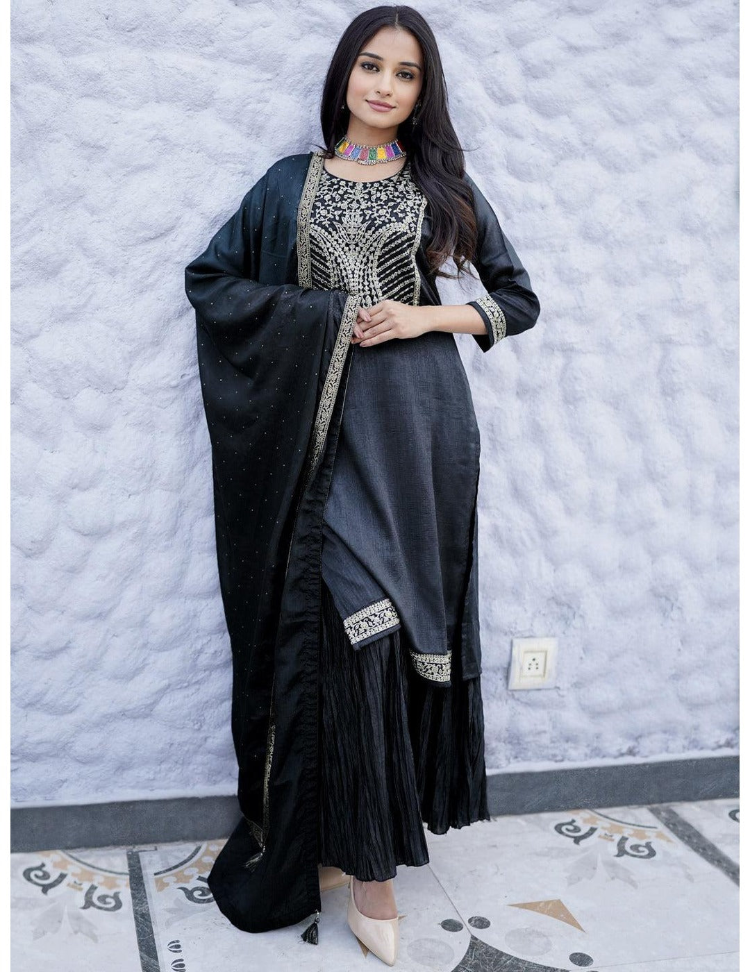 Charcoal Grey Silk Blend  Kurta Set