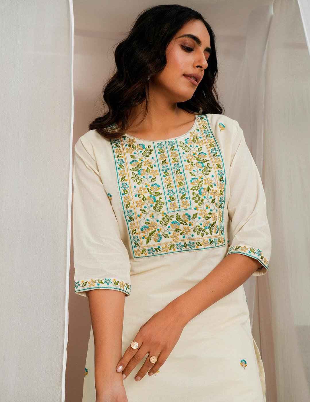 Floral Embroidered Yoke Cotton Straight Kurta