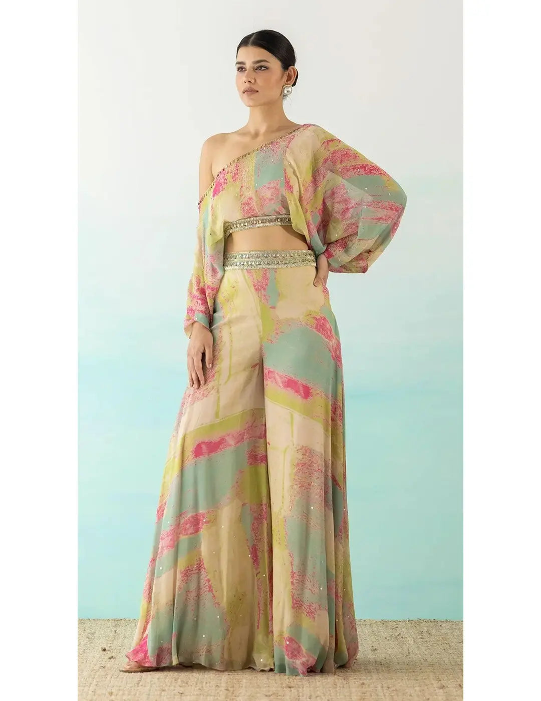 Multicolor One Shoulder Crop Top And Palazzo Set