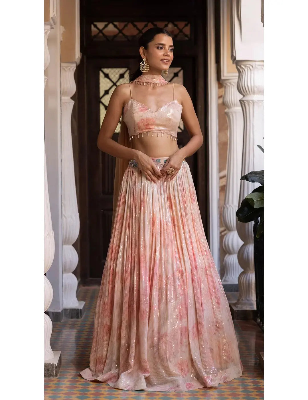 Pink Sequins Print & Embroidered Lehenga Set