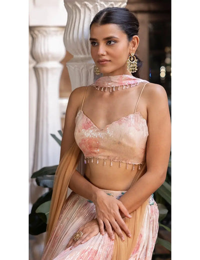 Pink Sequins Print & Embroidered Lehenga Set