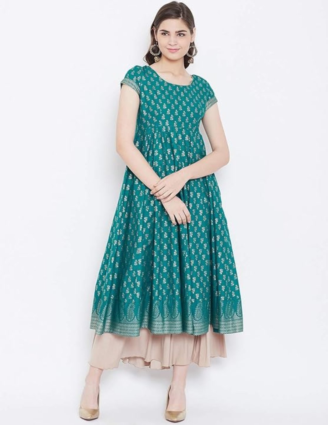 Turquoise Gold Printed Anarkali