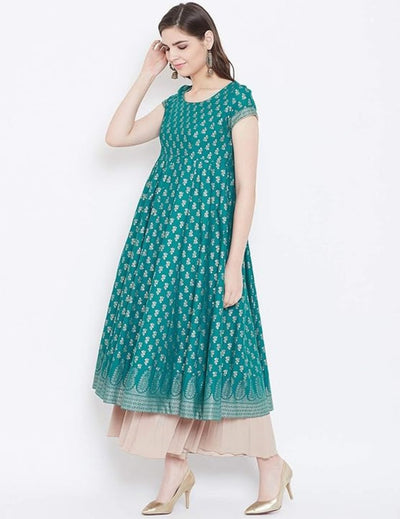 Turquoise Gold Printed Anarkali