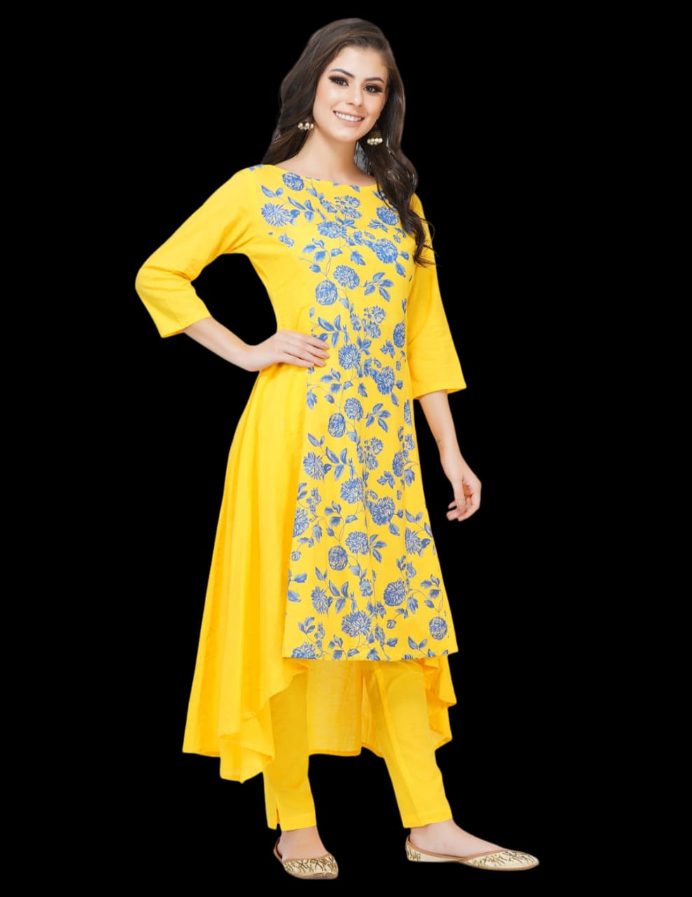 Yellow asymmetrical kurta with pants