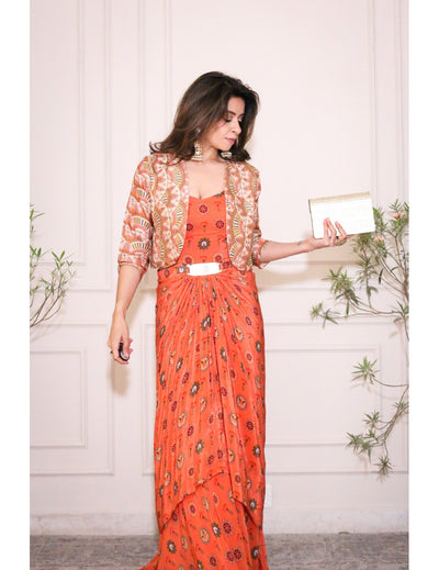 Taarani Embellished Long Drape Dress Set