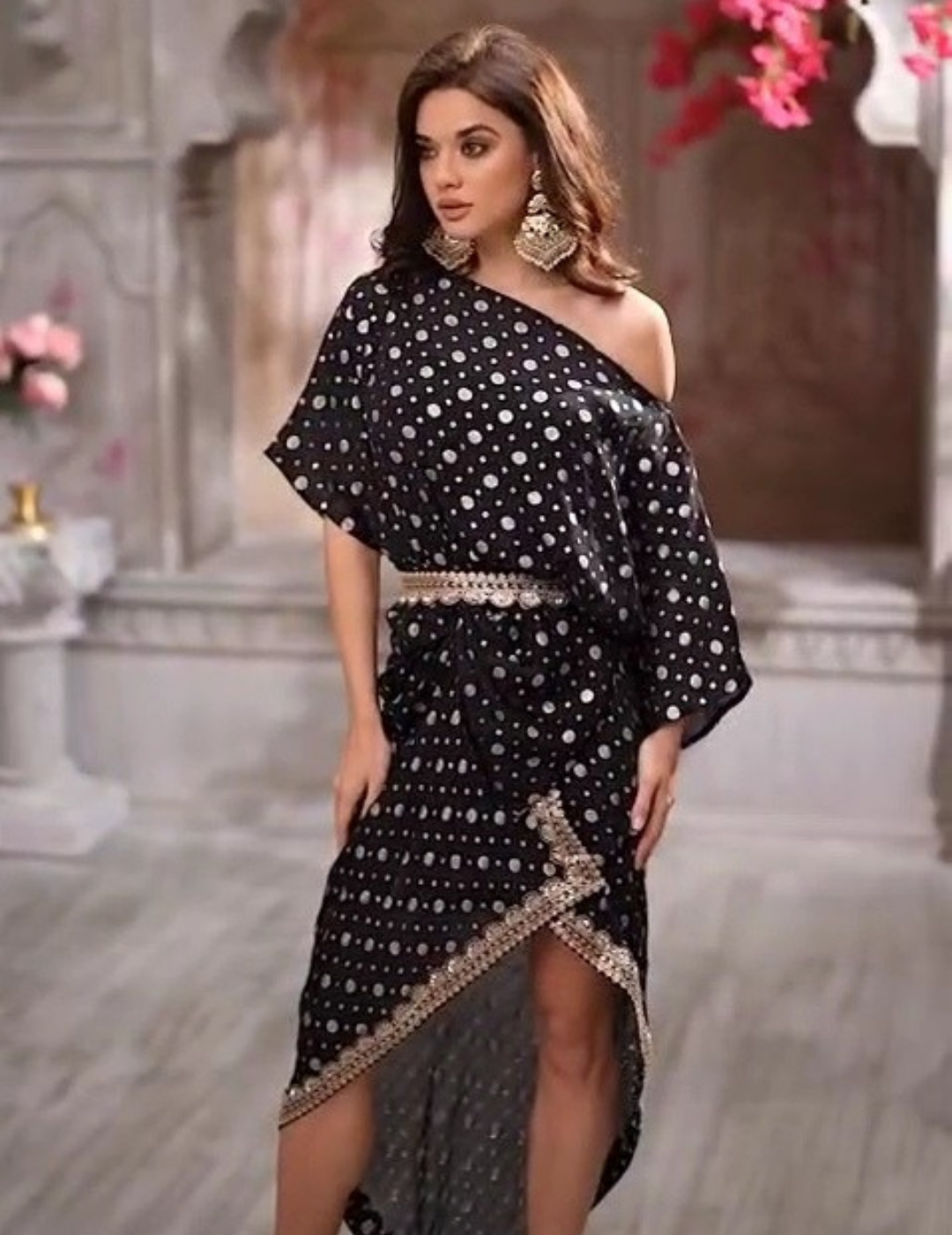 Black Silk Lace Hand Embroidered Draped Dress