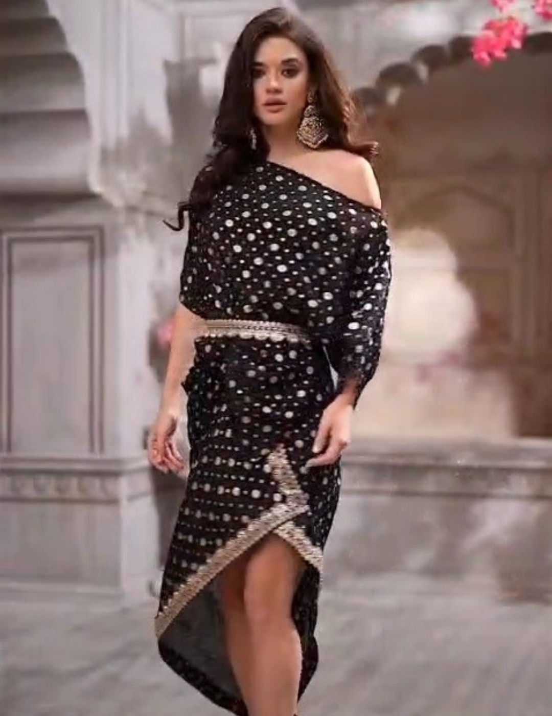 Black Silk Lace Hand Embroidered Draped Dress
