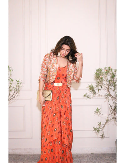 Taarani Embellished Long Drape Dress Set