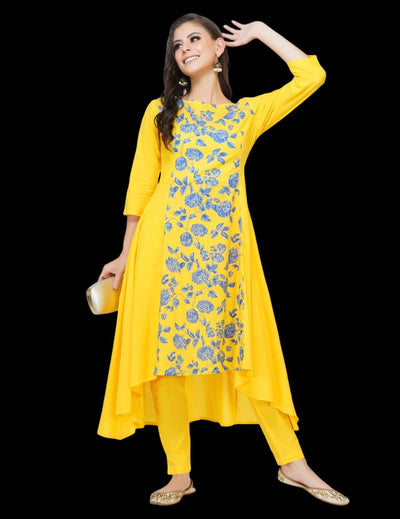 Yellow asymmetrical kurta with pants