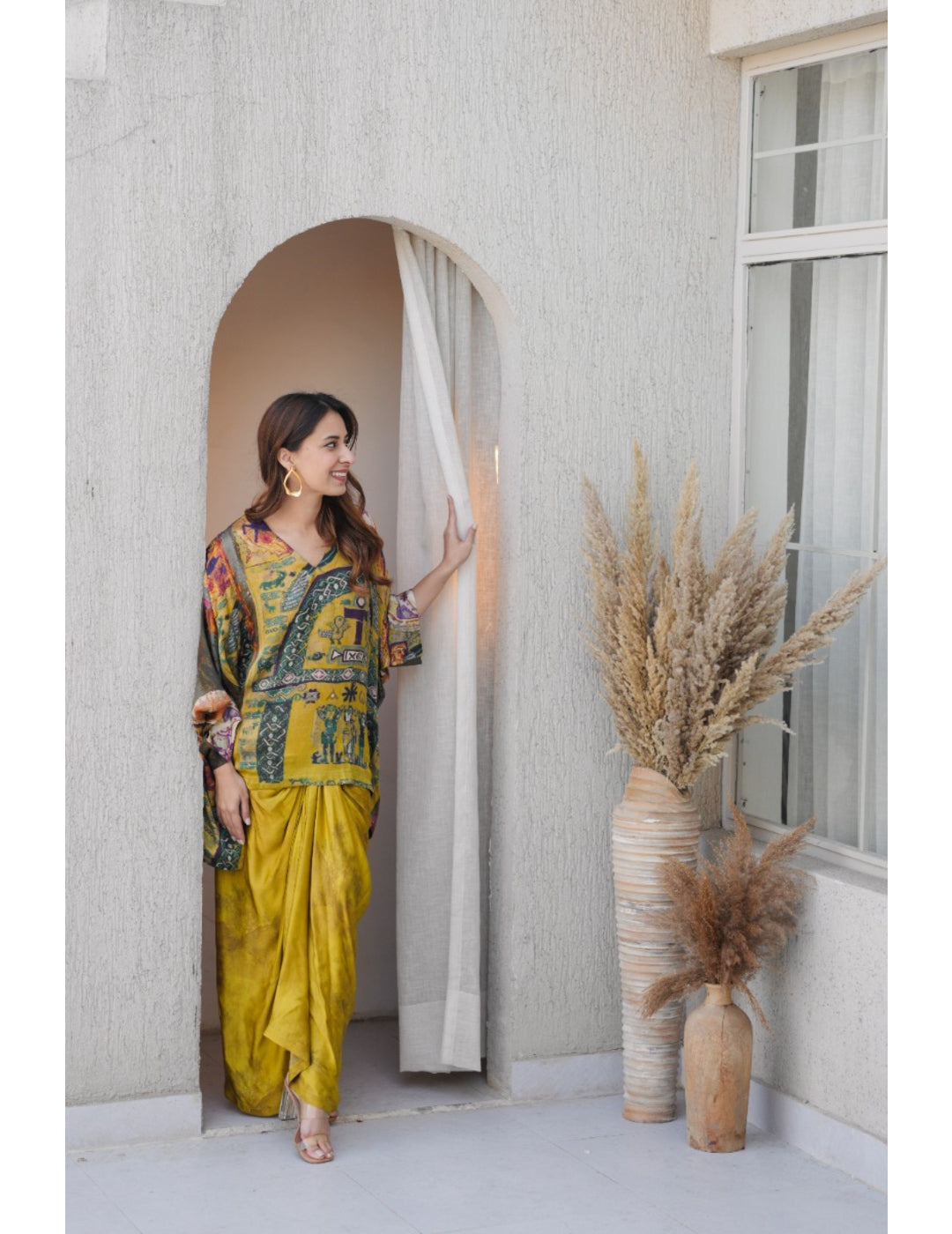 Matcha Yellow Silk Drape Skirt and Top