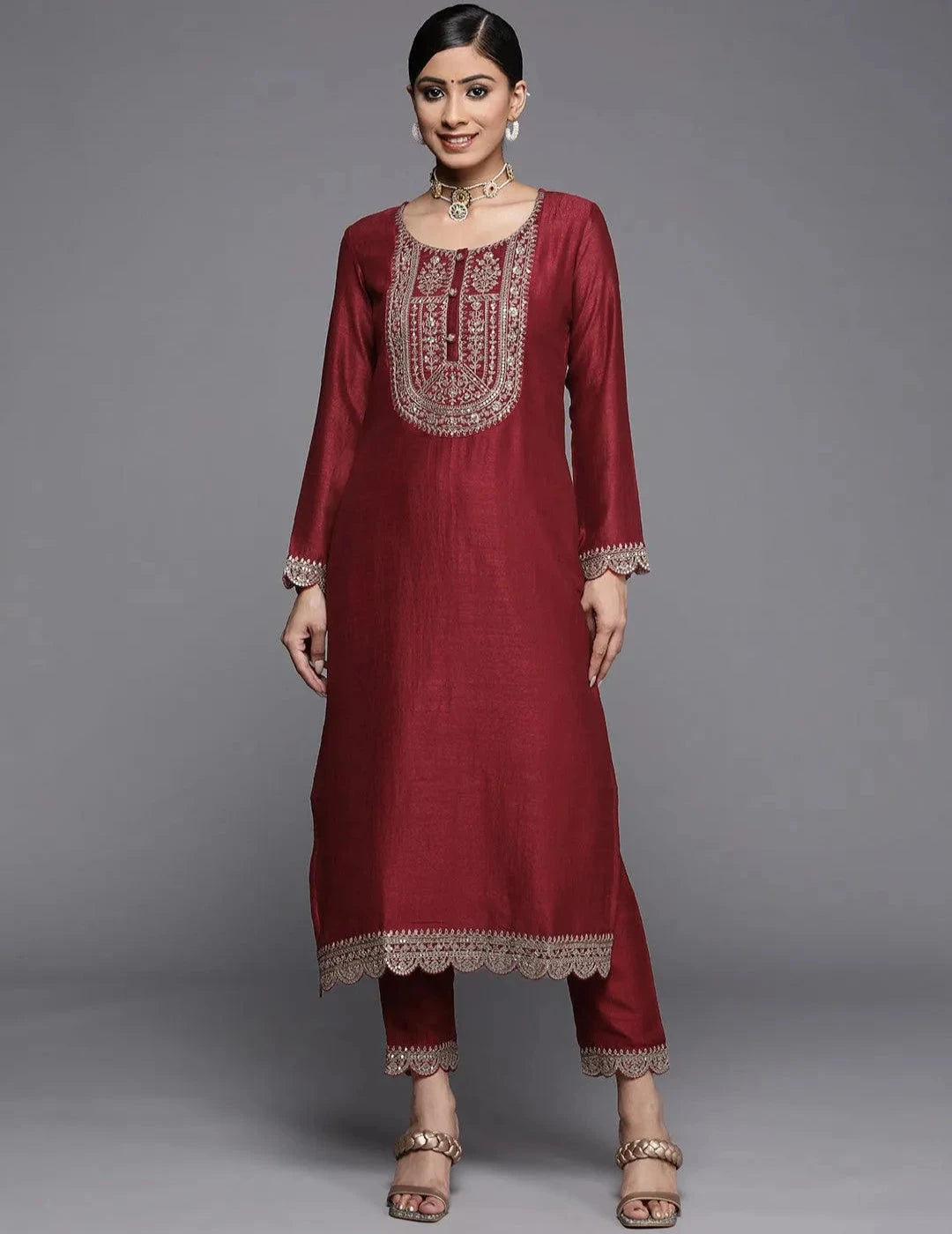 Maroon Silk Straight Kurta