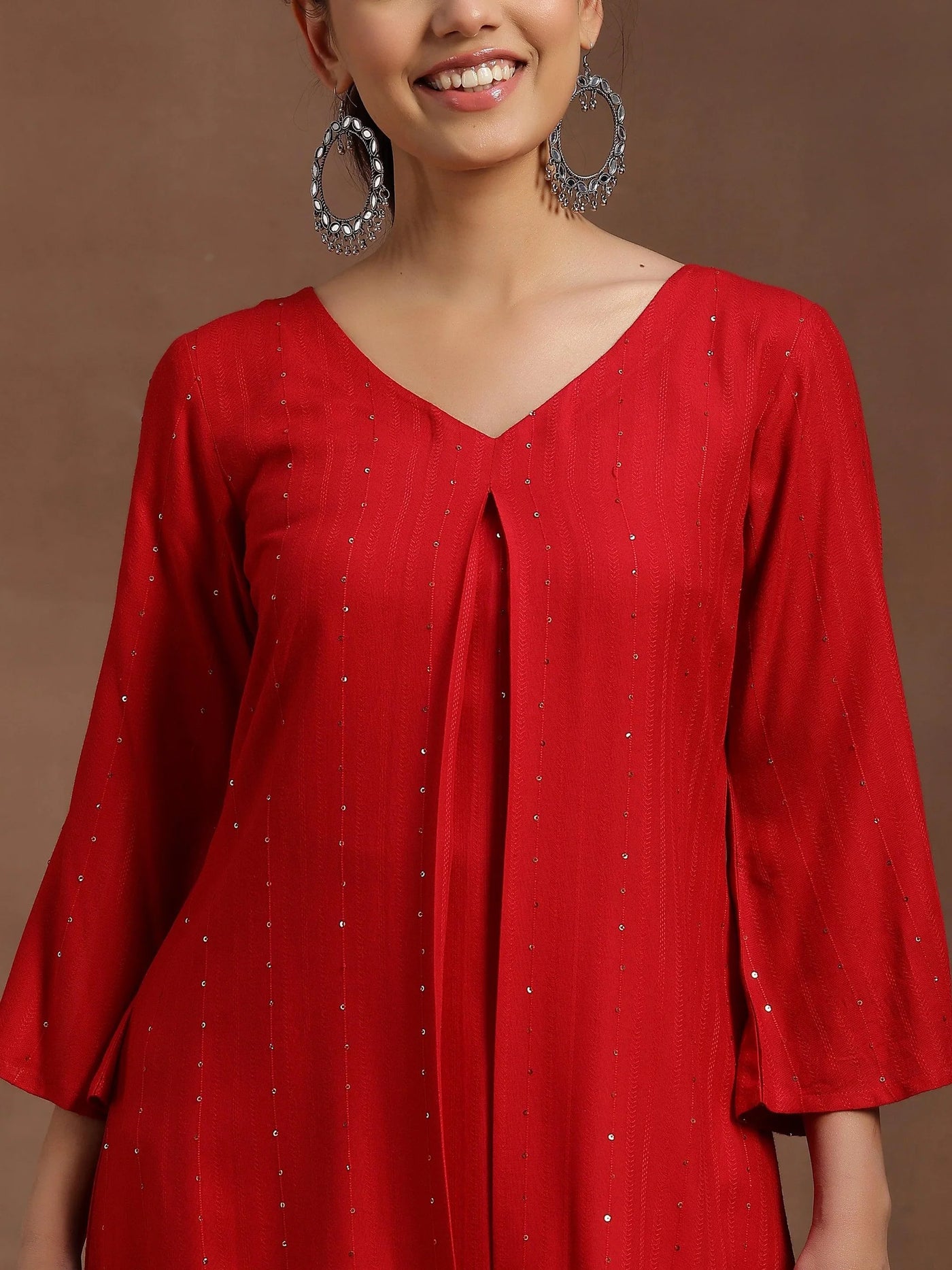 Red embellished A line straight kurti