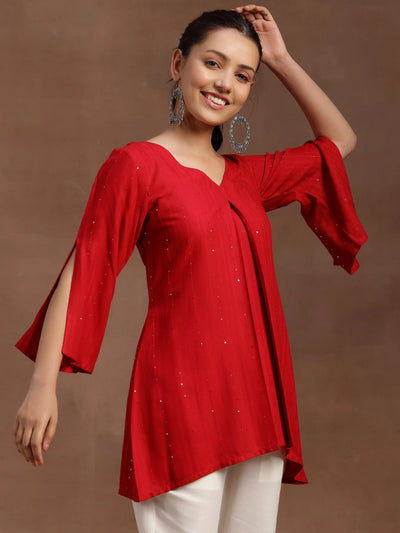 Red embellished A line straight kurti