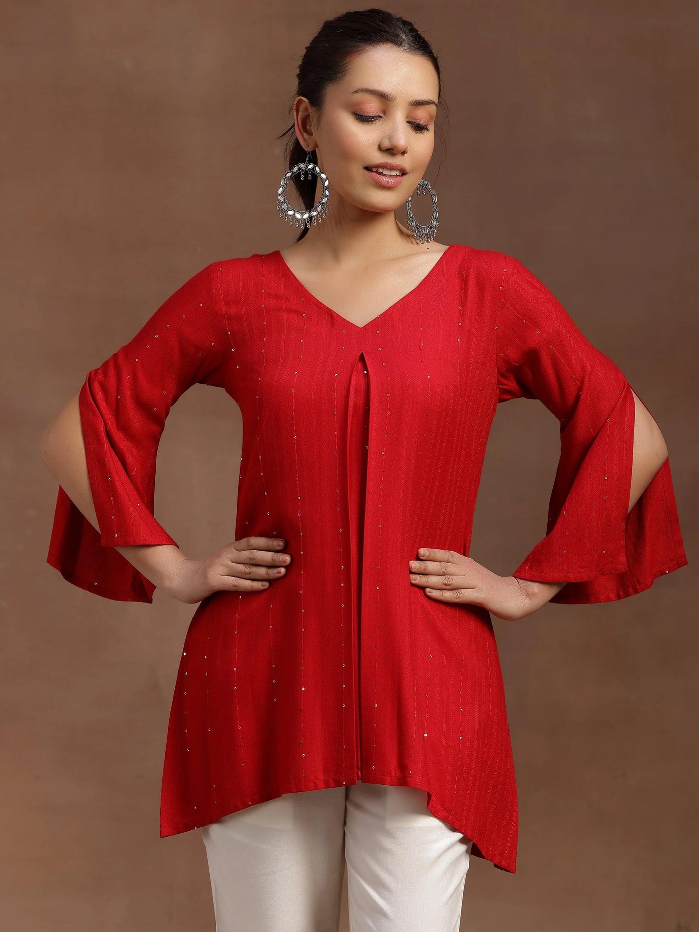 Red embellished A line straight kurti