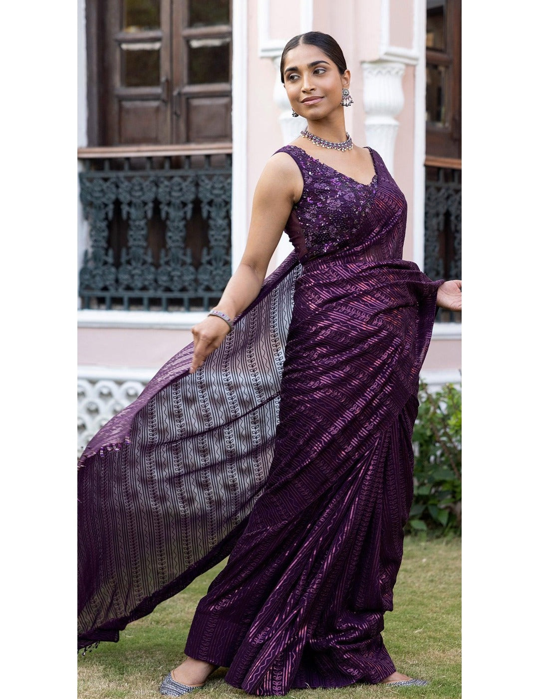 Wine Sequins Saree