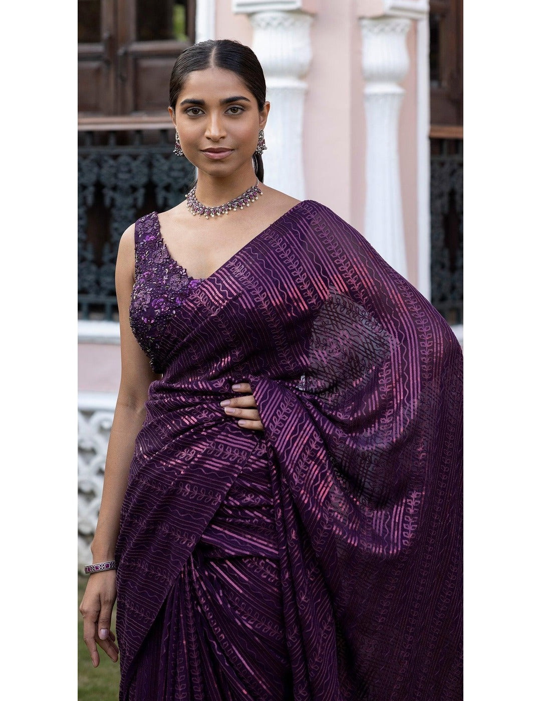 Wine Sequins Saree