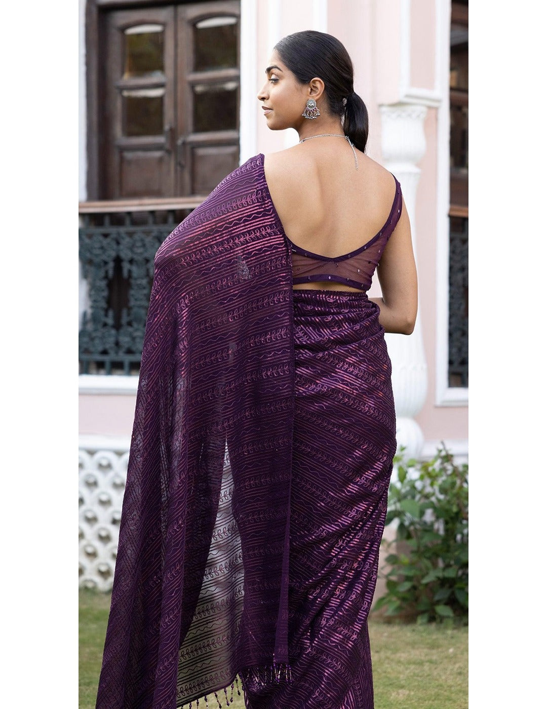 Wine Sequins Saree