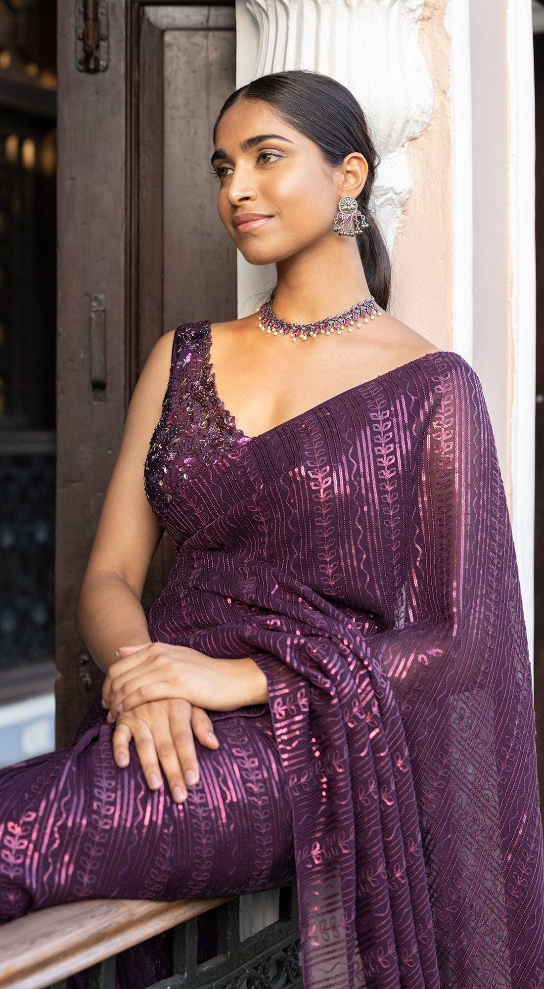 Wine Sequins Saree