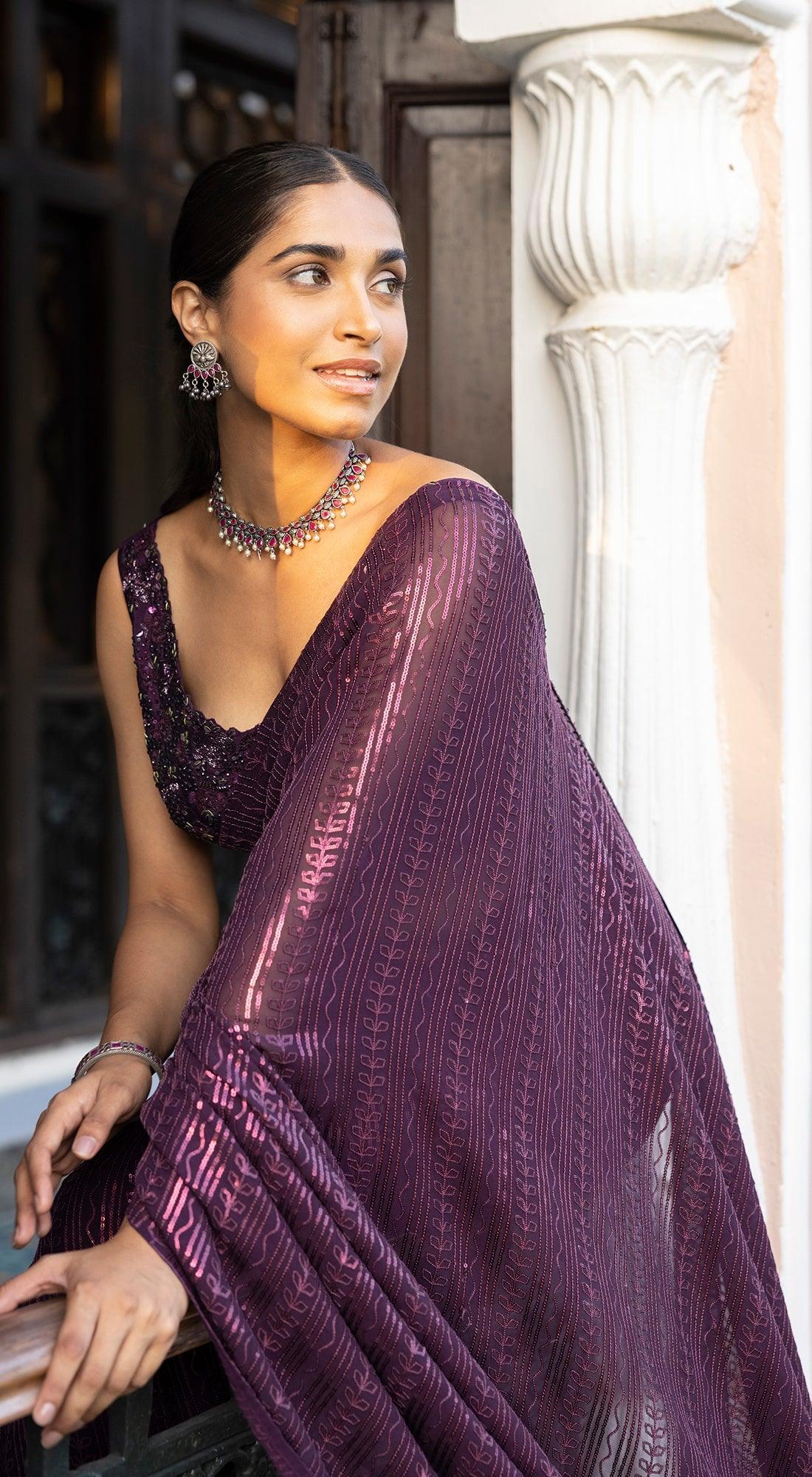 Wine Sequins Saree