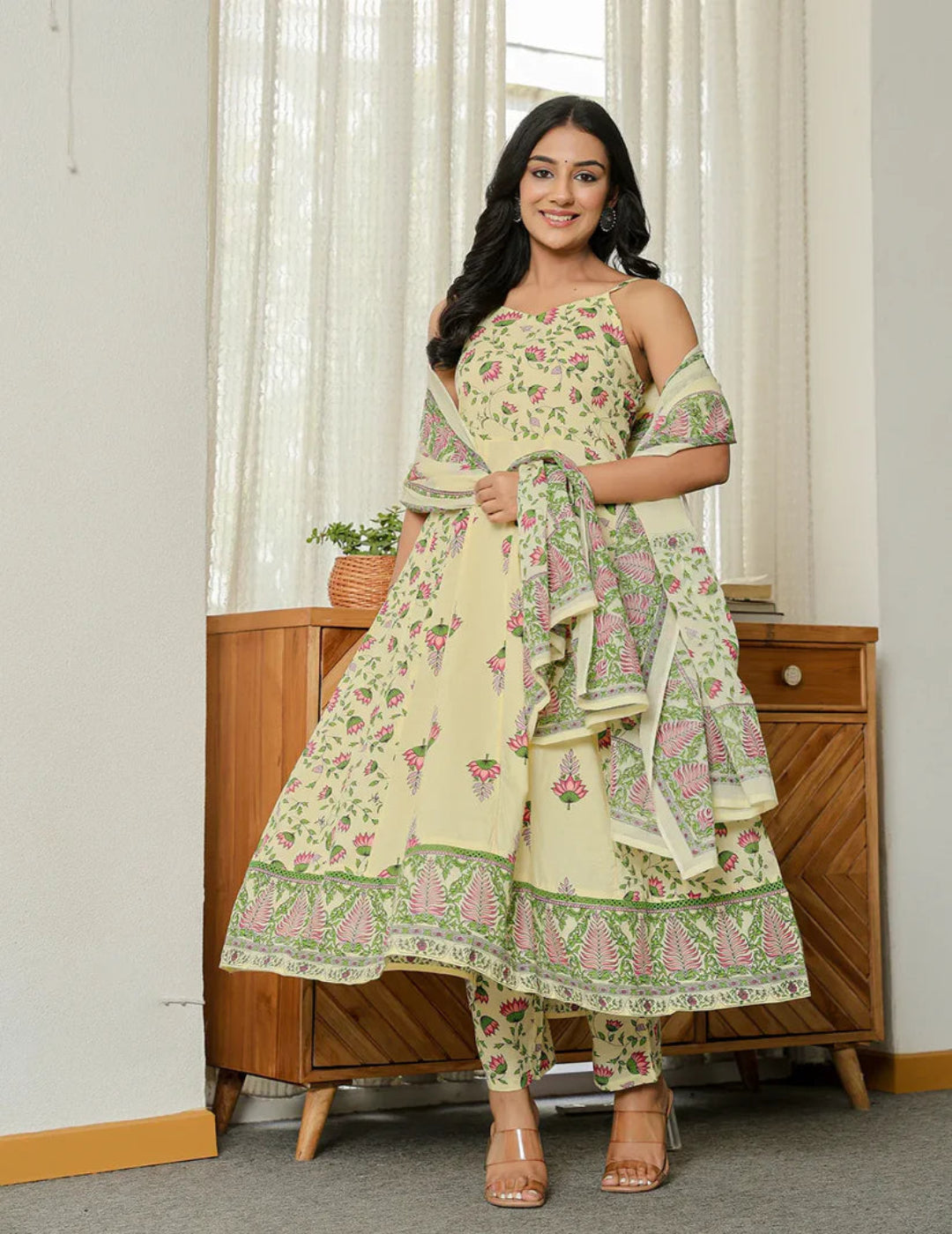 Yellow Pure Cotton Sleeveless Strappy Anarkali Kurta Set