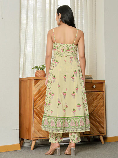 Yellow Pure Cotton Sleeveless Strappy Anarkali Kurta Set