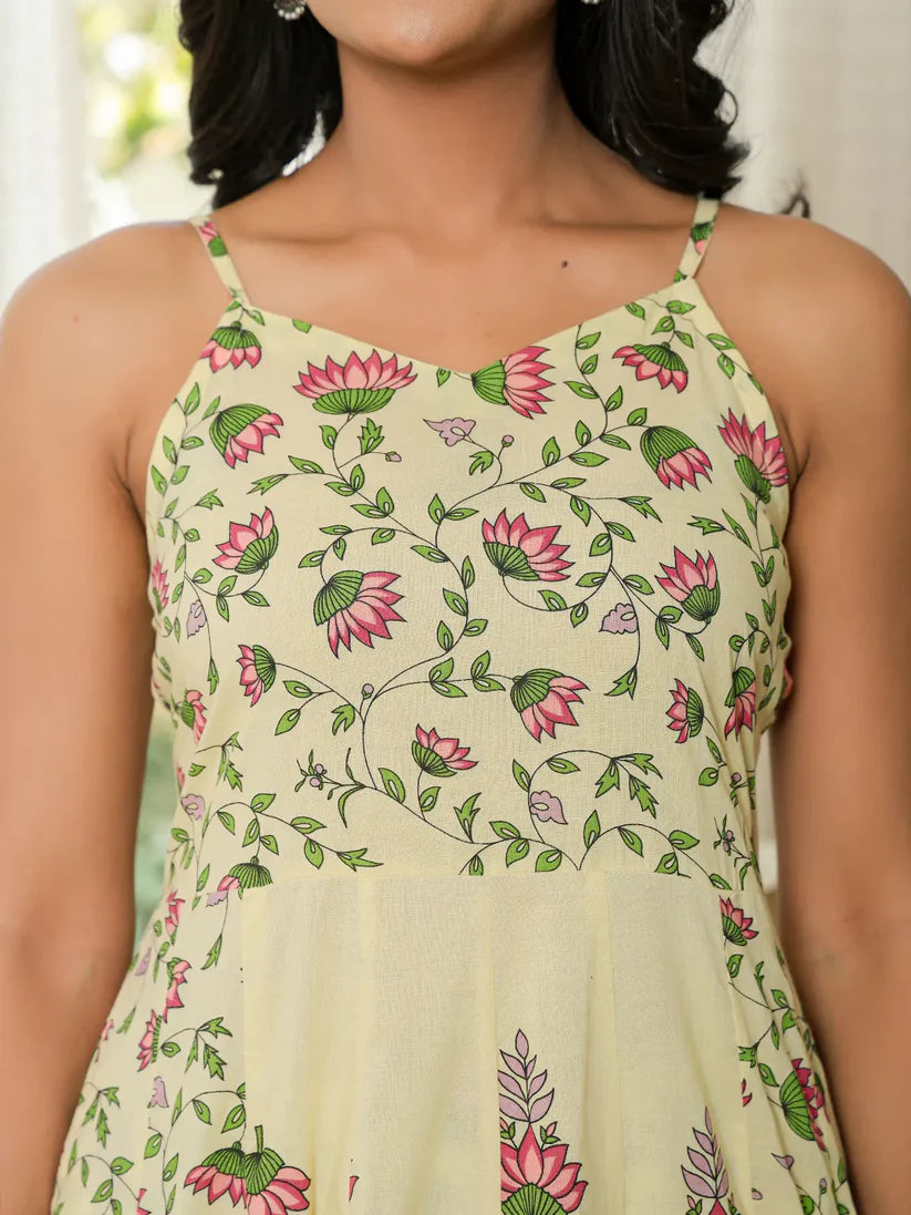 Yellow Pure Cotton Sleeveless Strappy Anarkali Kurta Set