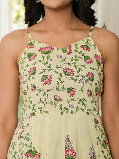 Yellow Pure Cotton Sleeveless Strappy Anarkali Kurta Set