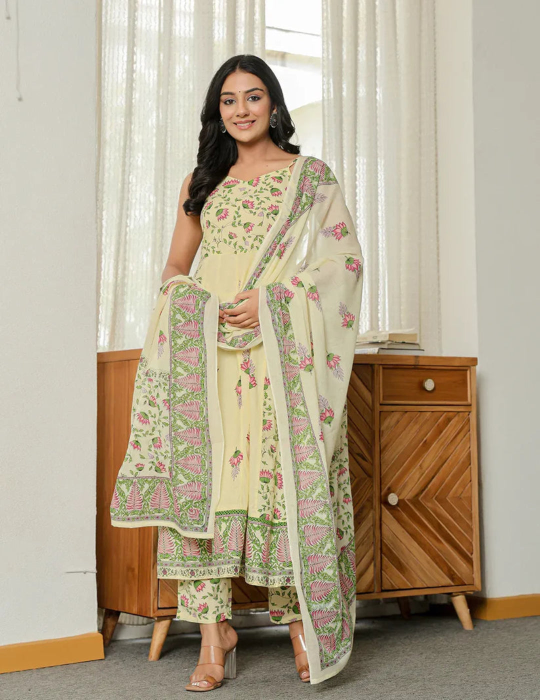 Yellow Pure Cotton Sleeveless Strappy Anarkali Kurta Set