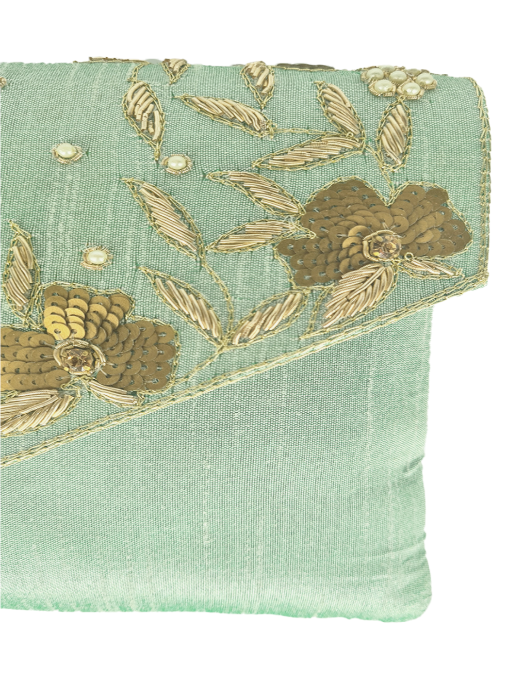 Green Clutch In Raw Silk With Zardozi Hand Embroidery