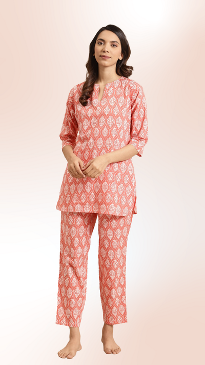 Peach-Coloured & White Pure Cotton Printed Night Suit online singapore