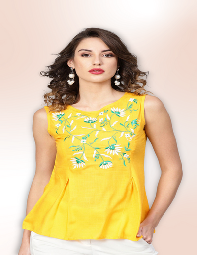 Yellow Floral Embroidered Short Kurti indian 