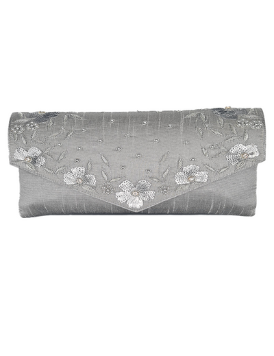 Grey/Silver Raw Silk Clutch With Zardozi Hand Embroidery