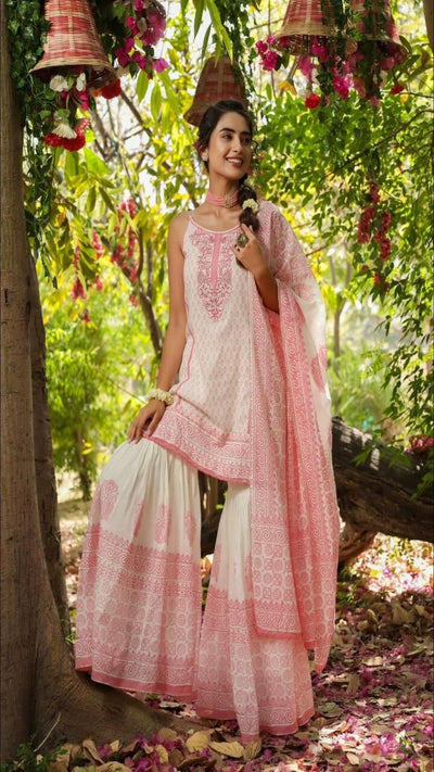 White & Pink Printed Sharara full set