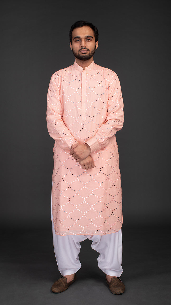 Peach Printed Cotton Base Mens Kurta Set indian wear 