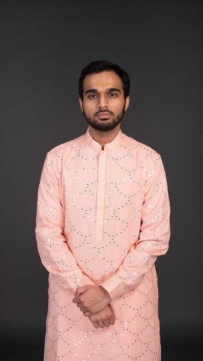 buy Peach Printed Cotton Base Mens Kurta Set